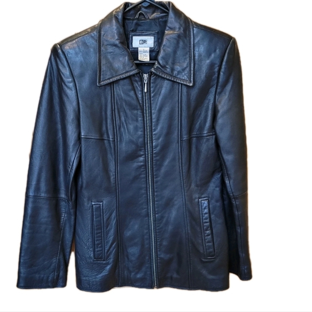 BP Genuine Lambskin Black Leather Jacket Size Small Zip Collared Lined Classic